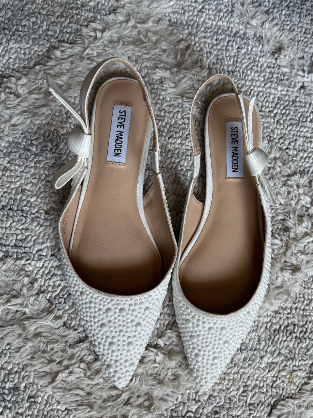 Steve Madden Cream Crystal-Embellished Pointed Slingback Flats
